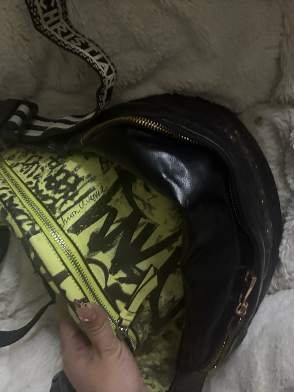 Bundle Black Leather Crossbody Bag & DKNY Neon Yellow Graphic Pouch